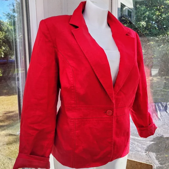 Style & Co. Women Red Linen Perforated Single Button Structured Blazer - Picture 1 of 15